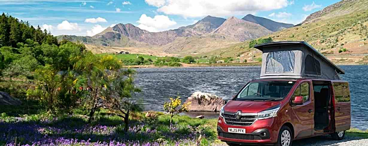 Hilltop Campers - Renault Trafic Campervan by Welsh lake with mountains